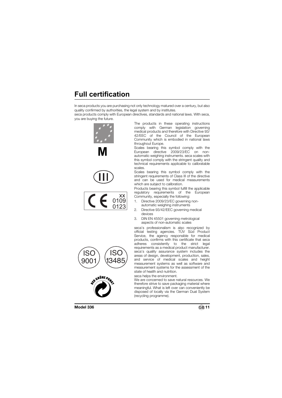 English, Full certification | Seca 336 User Manual | Page 11 / 115