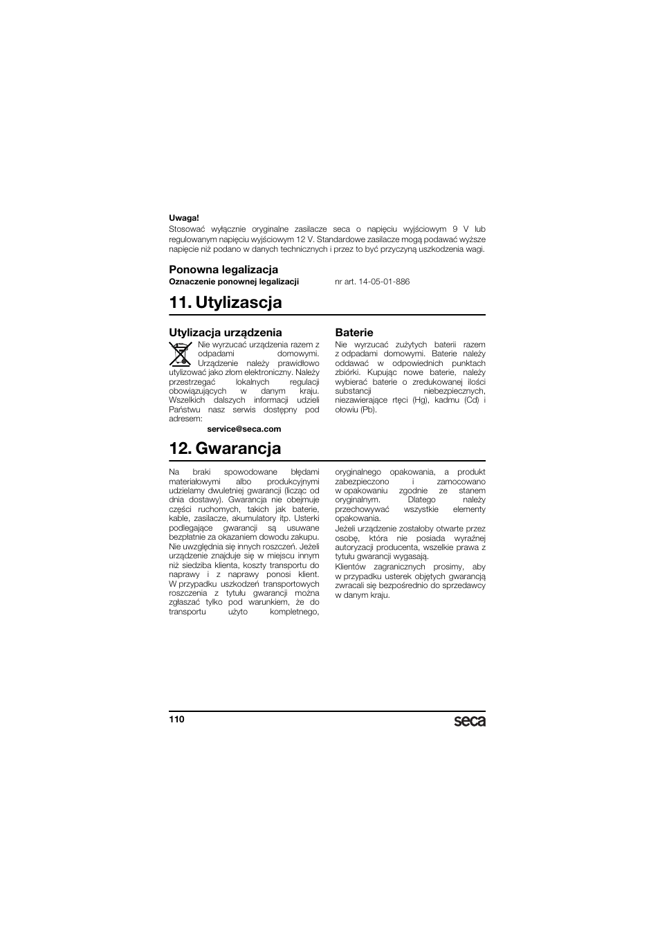 Ponowna legalizacja, Utylizascja, Utylizacja urządzenia | Baterie, Gwarancja | Seca 336 User Manual | Page 110 / 115