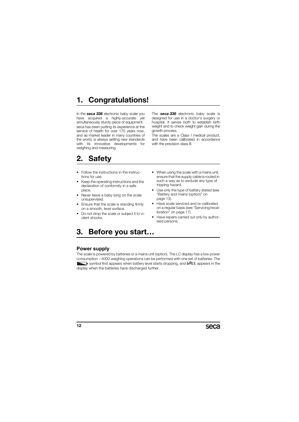 Congratulations, Safety, Before you start | Power supply | Seca 336 User Manual | Page 12 / 115