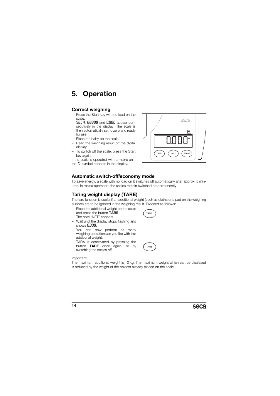 Operation, Correct weighing, Automatic switch-off/economy mode | Taring weight display (tare) | Seca 336 User Manual | Page 14 / 115
