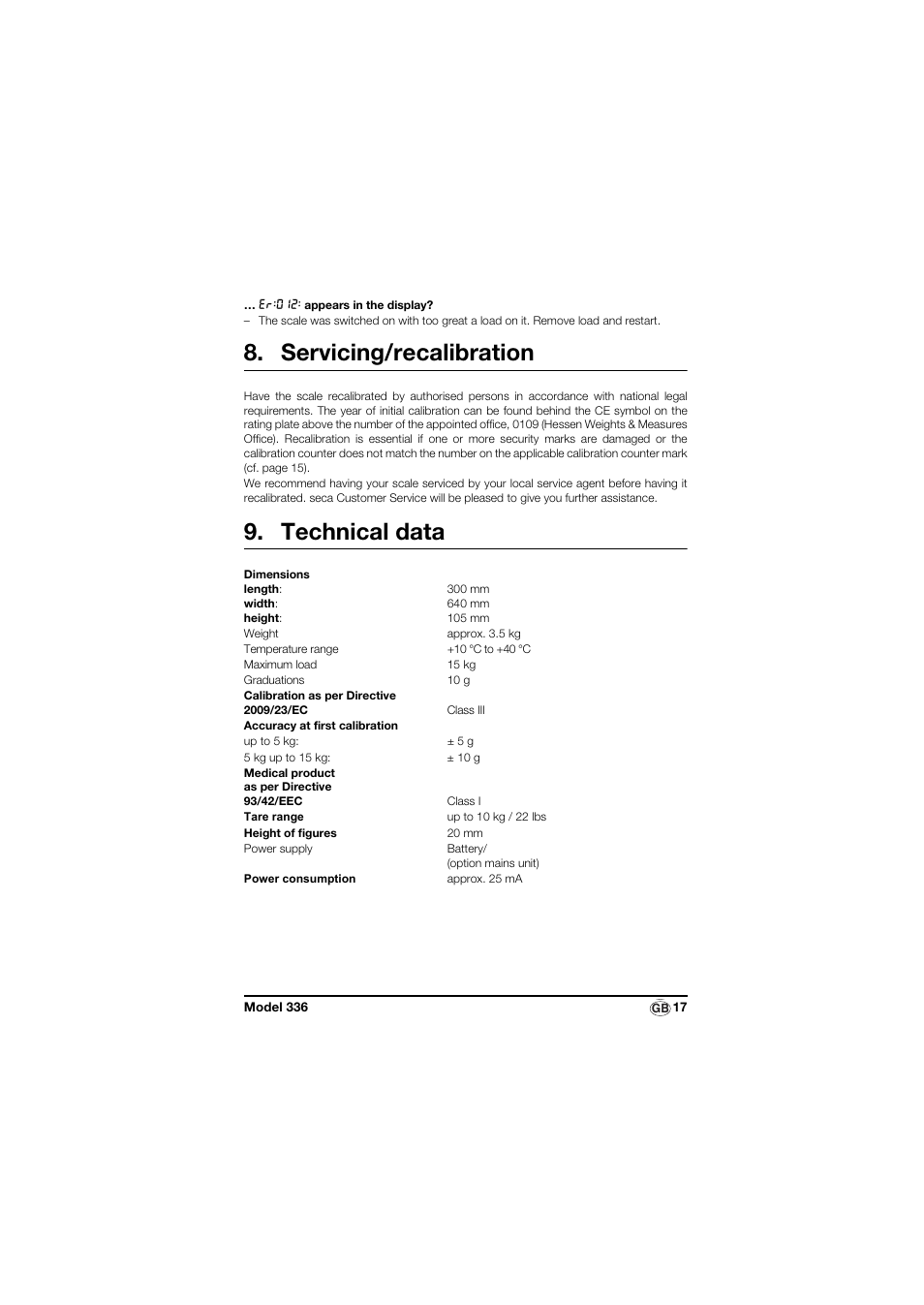 Servicing/recalibration, Technical data | Seca 336 User Manual | Page 17 / 115