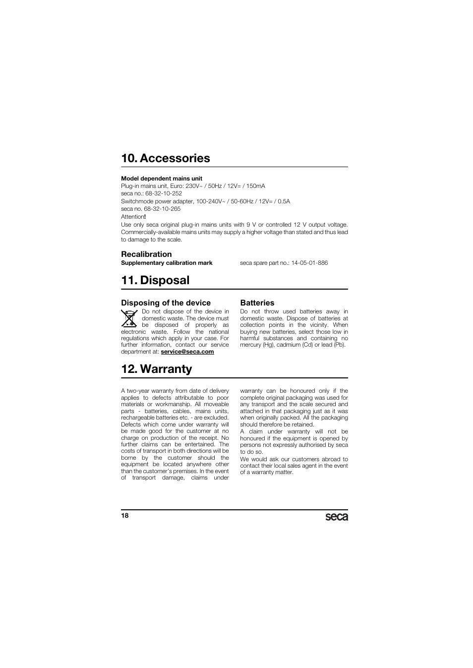 Accessories, Recalibration, Disposal | Disposing of the device, Batteries, Warranty | Seca 336 User Manual | Page 18 / 115