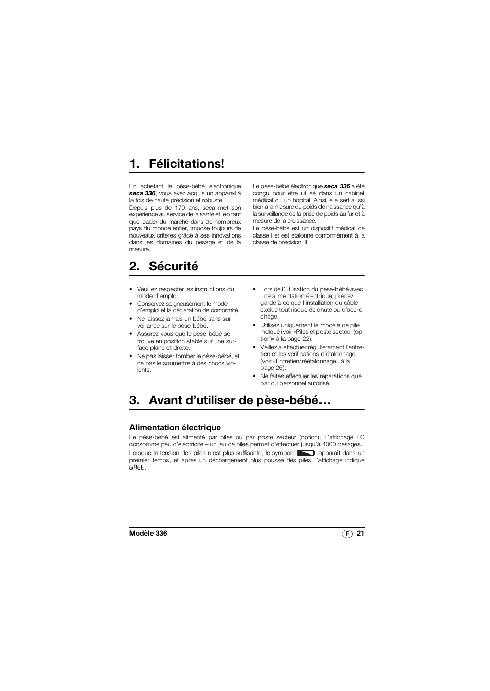 Félicitations, Sécurité, Avant d’utiliser de pèse-bébé | Alimentation électrique | Seca 336 User Manual | Page 21 / 115