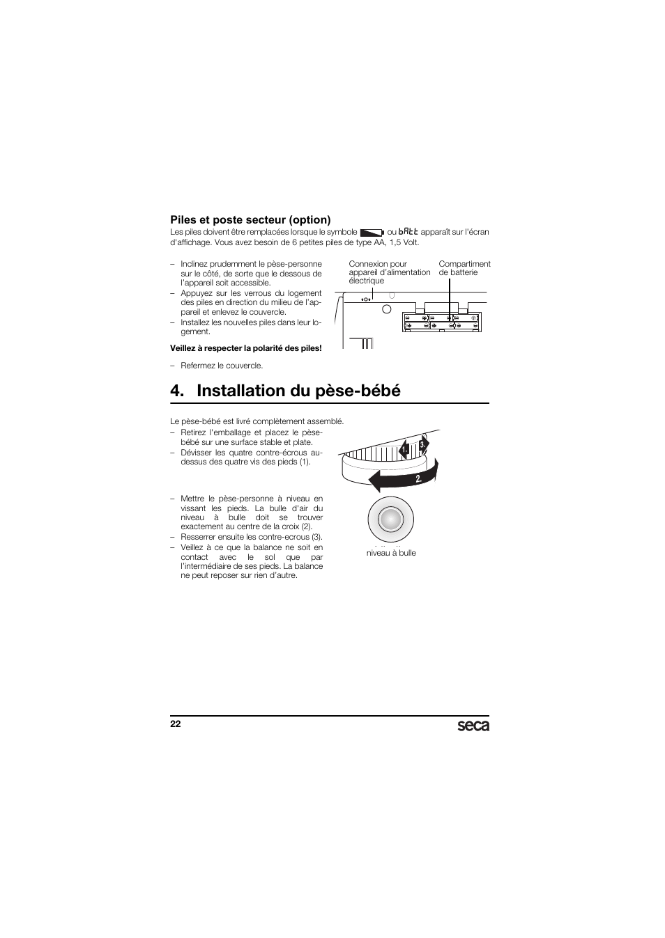 Piles et poste secteur (option), Installation du pèse-bébé | Seca 336 User Manual | Page 22 / 115
