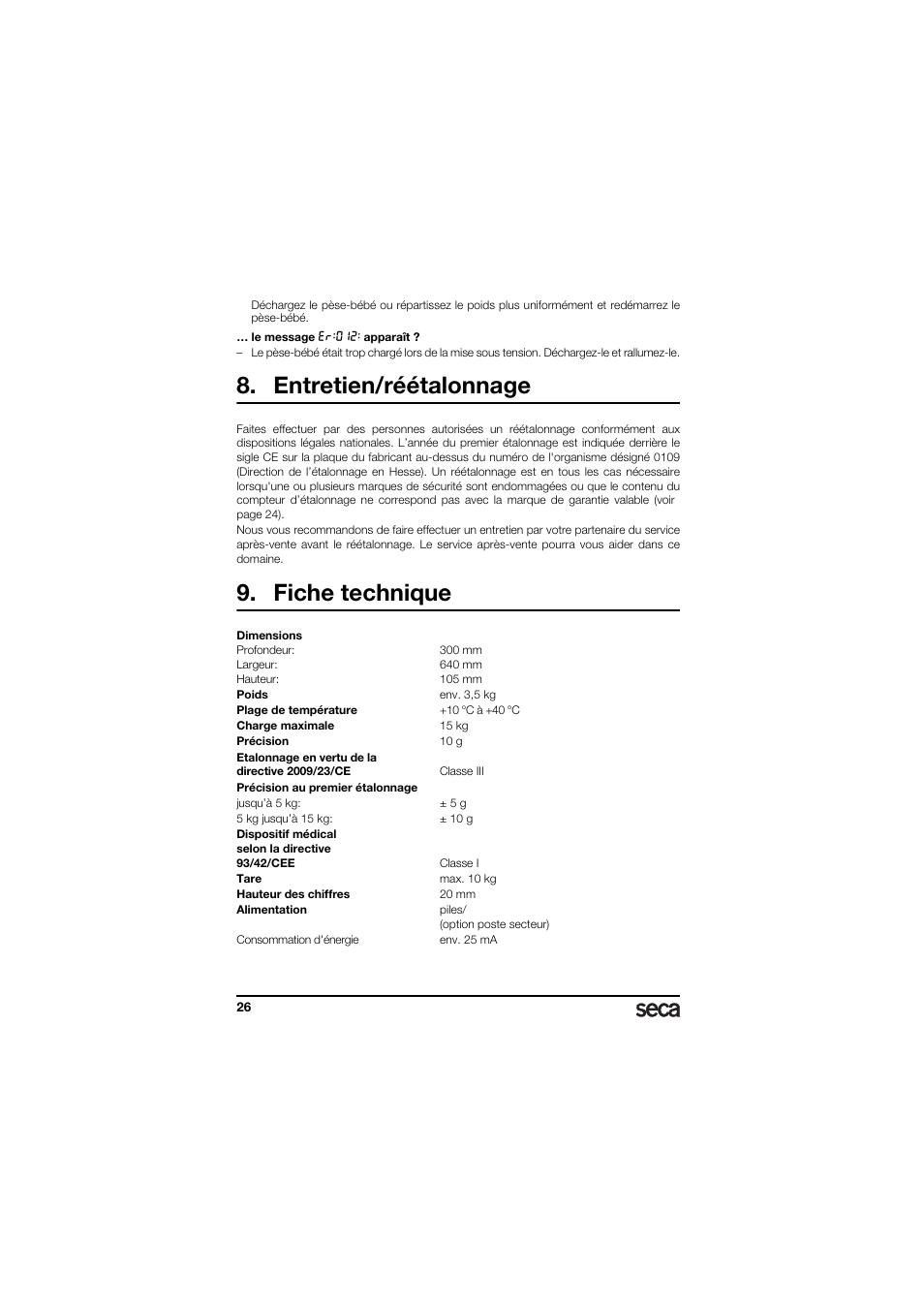 Entretien/réétalonnage, Fiche technique | Seca 336 User Manual | Page 26 / 115