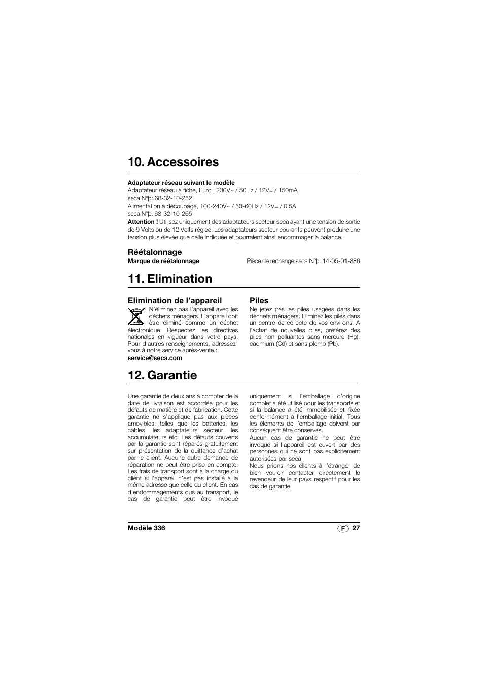 Accessoires, Réétalonnage, Elimination | Elimination de l’appareil, Piles, Garantie | Seca 336 User Manual | Page 27 / 115