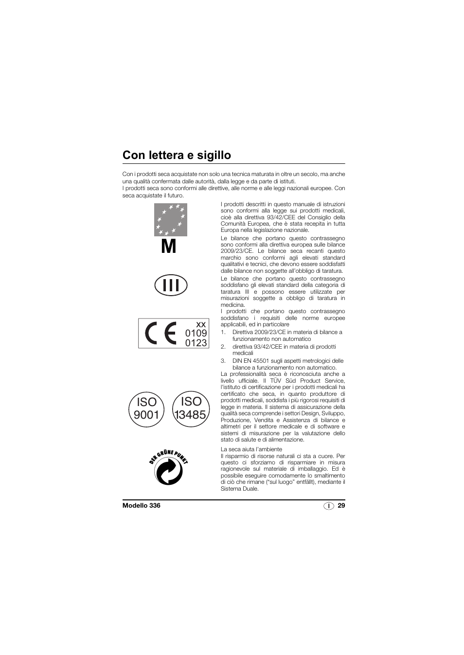 Italiano, Con lettera e sigillo | Seca 336 User Manual | Page 29 / 115