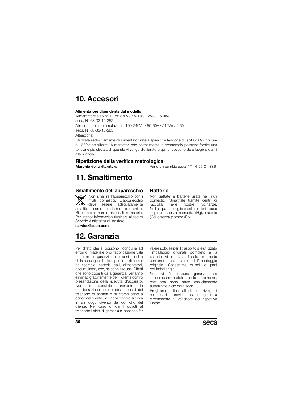 Accesori, Ripetizione della verifica metrologica, Smaltimento | Smaltimento dell’apparecchio, Batterie, Garanzia | Seca 336 User Manual | Page 36 / 115