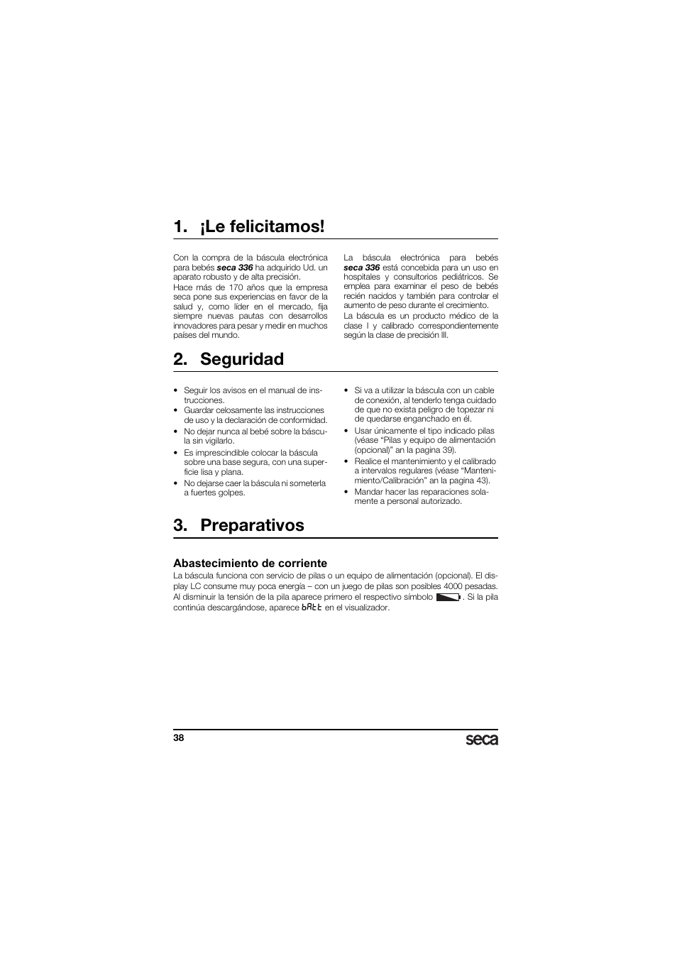 ¡le felicitamos, Seguridad, Preparativos | Abastecimiento de corriente | Seca 336 User Manual | Page 38 / 115