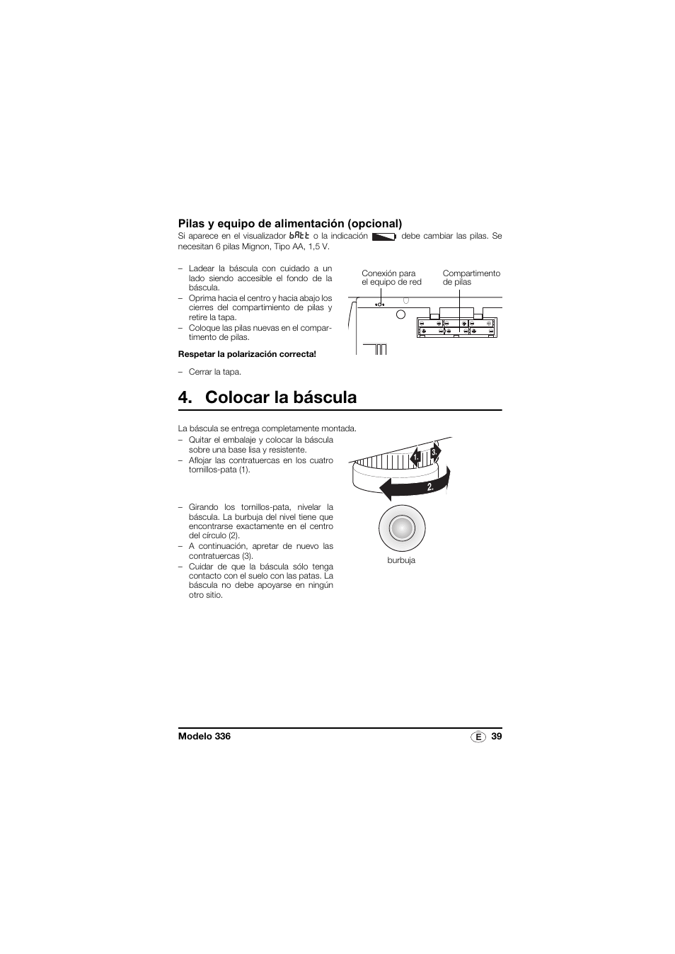Pilas y equipo de alimentación (opcional), Colocar la báscula | Seca 336 User Manual | Page 39 / 115
