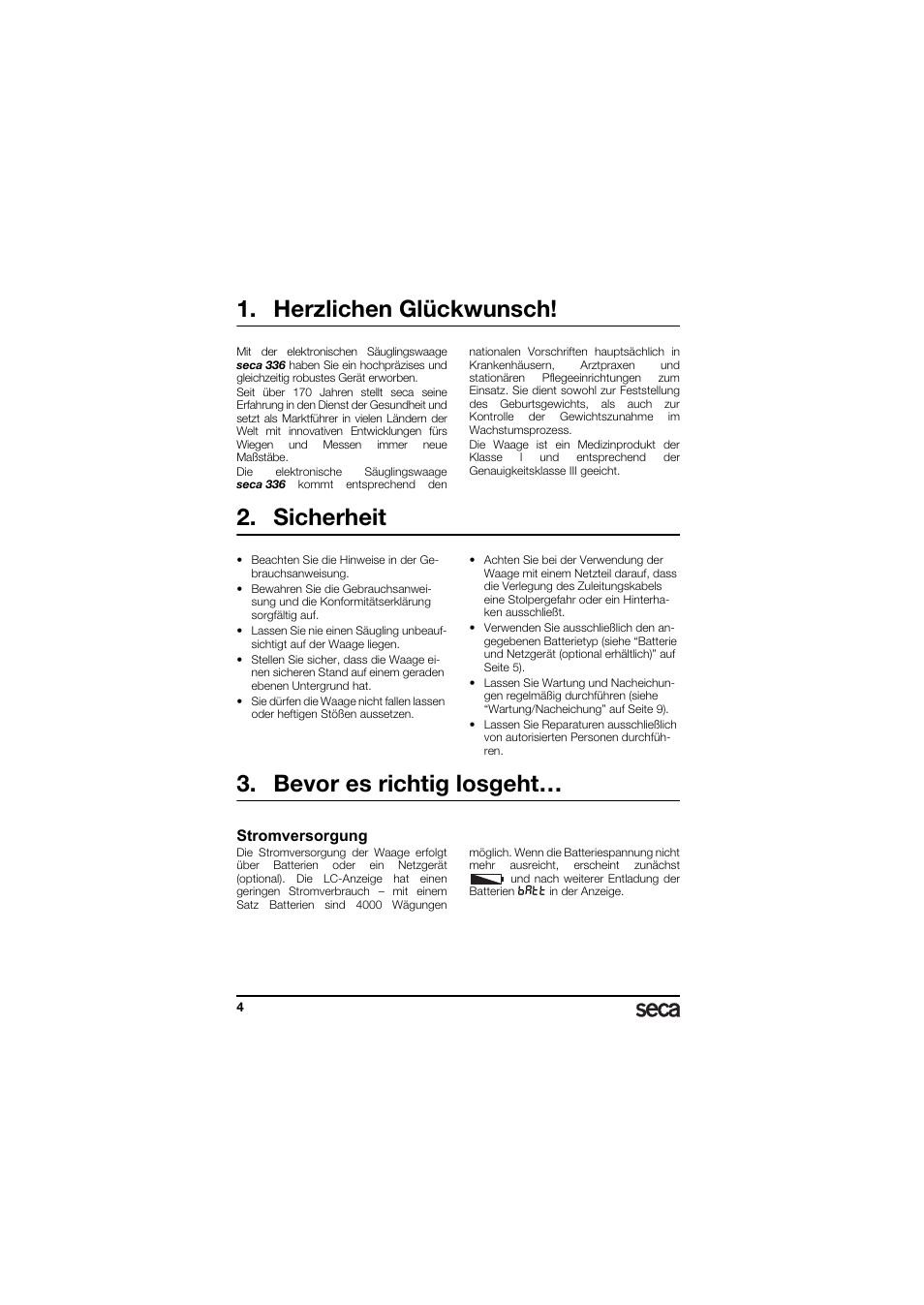Herzlichen glückwunsch, Sicherheit, Bevor es richtig losgeht | Stromversorgung | Seca 336 User Manual | Page 4 / 115