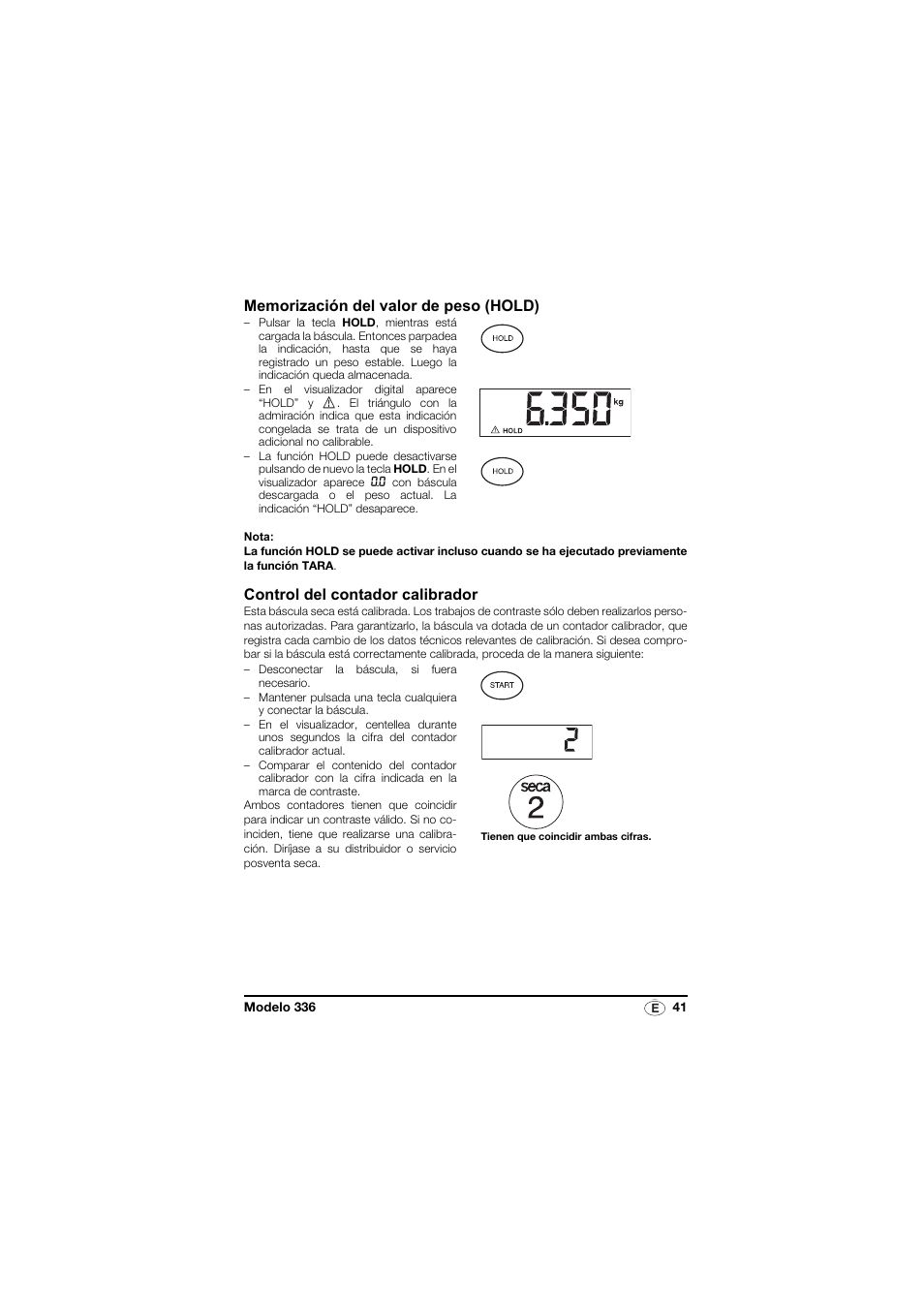 Memorización del valor de peso (hold), Control del contador calibrador | Seca 336 User Manual | Page 41 / 115