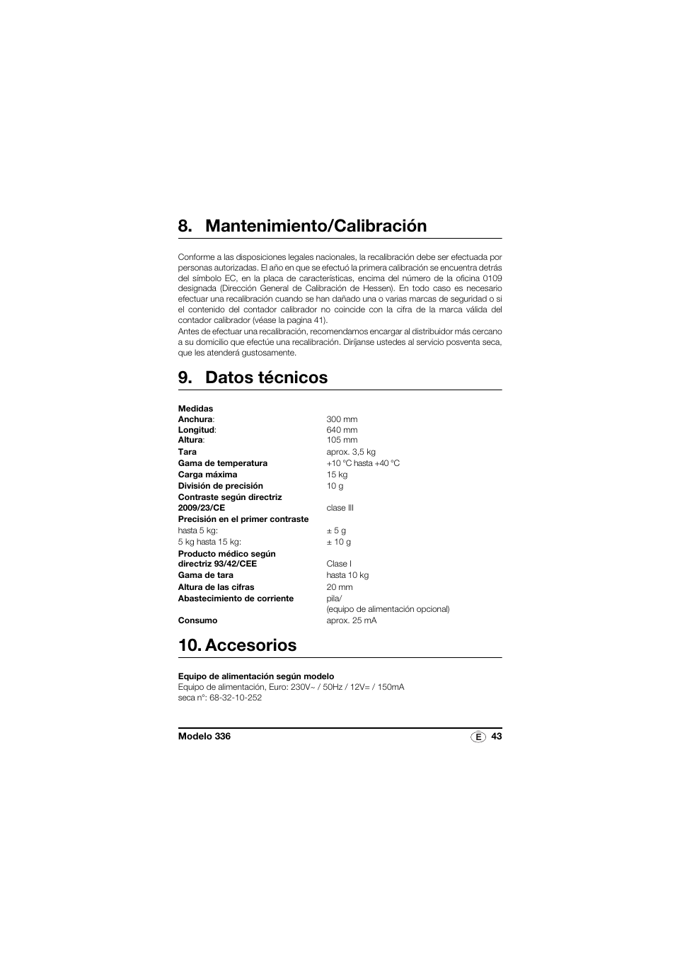 Mantenimiento/calibración, Datos técnicos, Accesorios | Seca 336 User Manual | Page 43 / 115