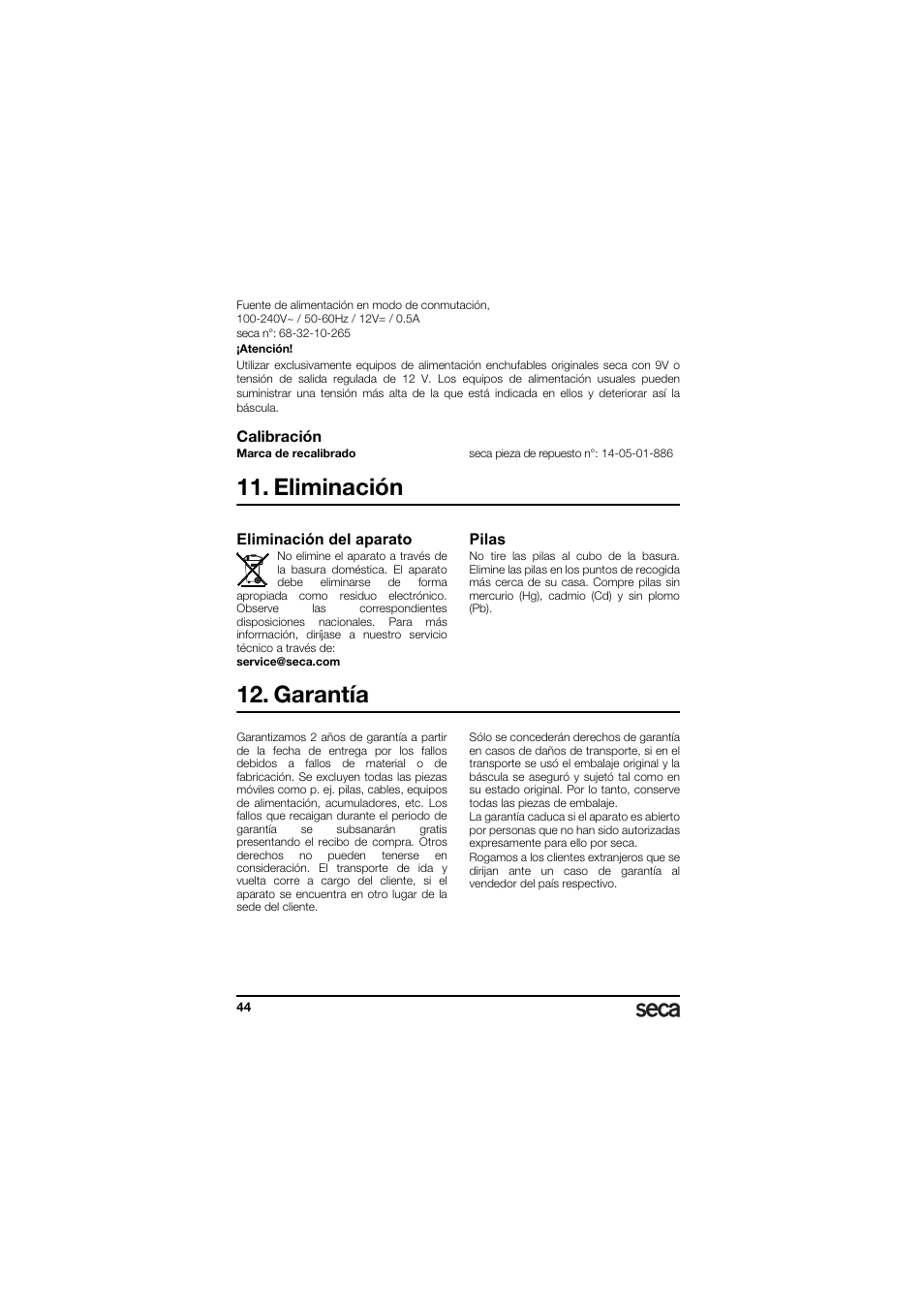 Calibración, Eliminación, Eliminación del aparato | Pilas, Garantía | Seca 336 User Manual | Page 44 / 115