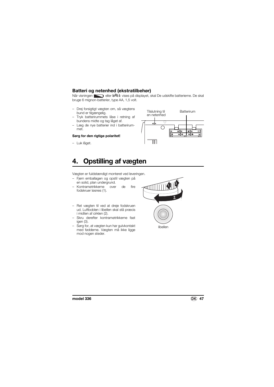 Batteri og netenhed (ekstratilbehør), Opstilling af vægten | Seca 336 User Manual | Page 47 / 115