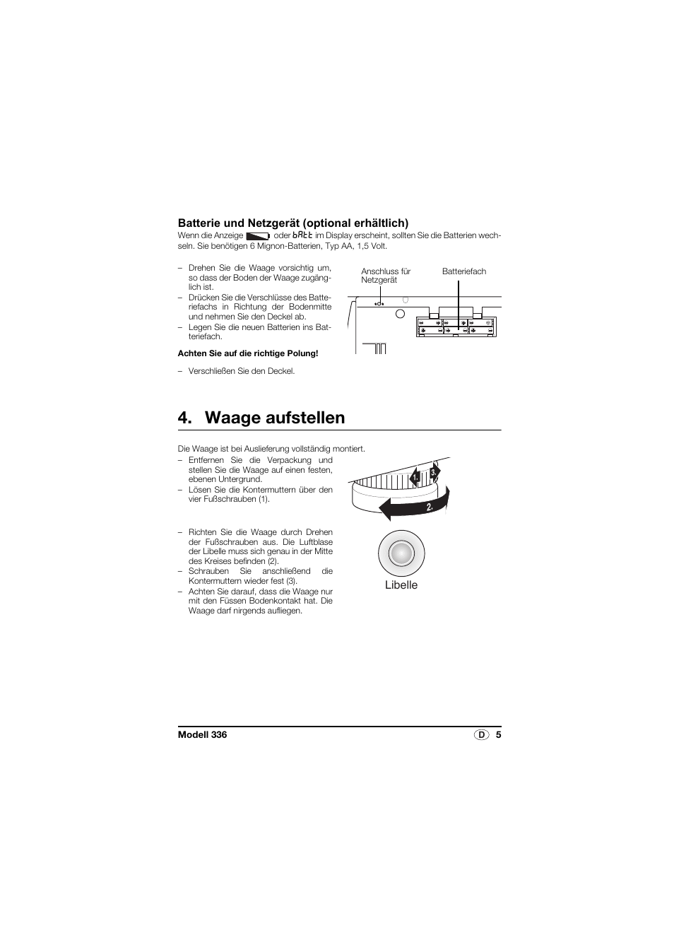 Batterie und netzgerät (optional erhältlich), Waage aufstellen | Seca 336 User Manual | Page 5 / 115