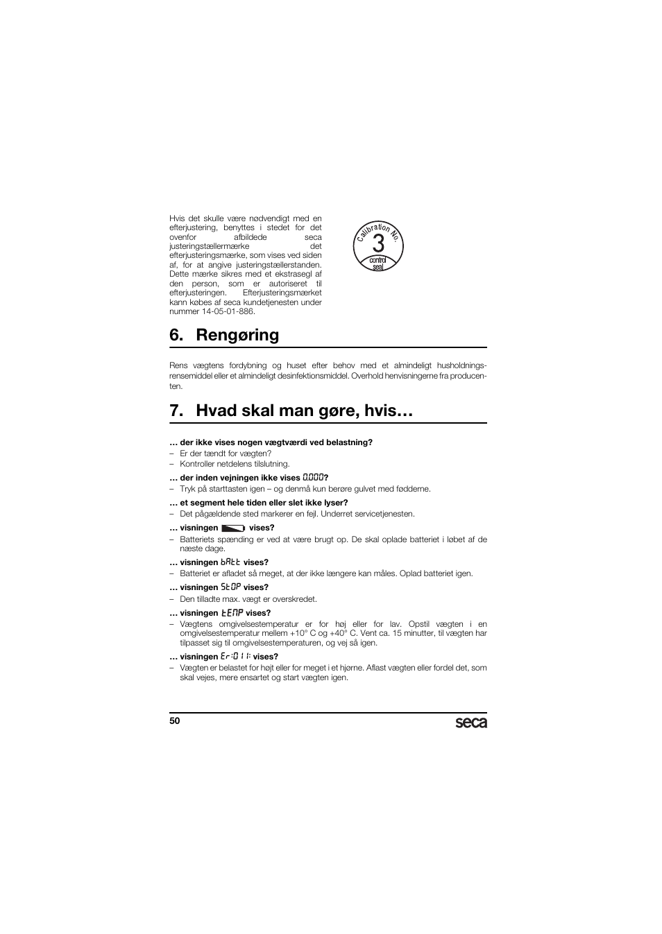 Rengøring, Hvad skal man gøre, hvis | Seca 336 User Manual | Page 50 / 115