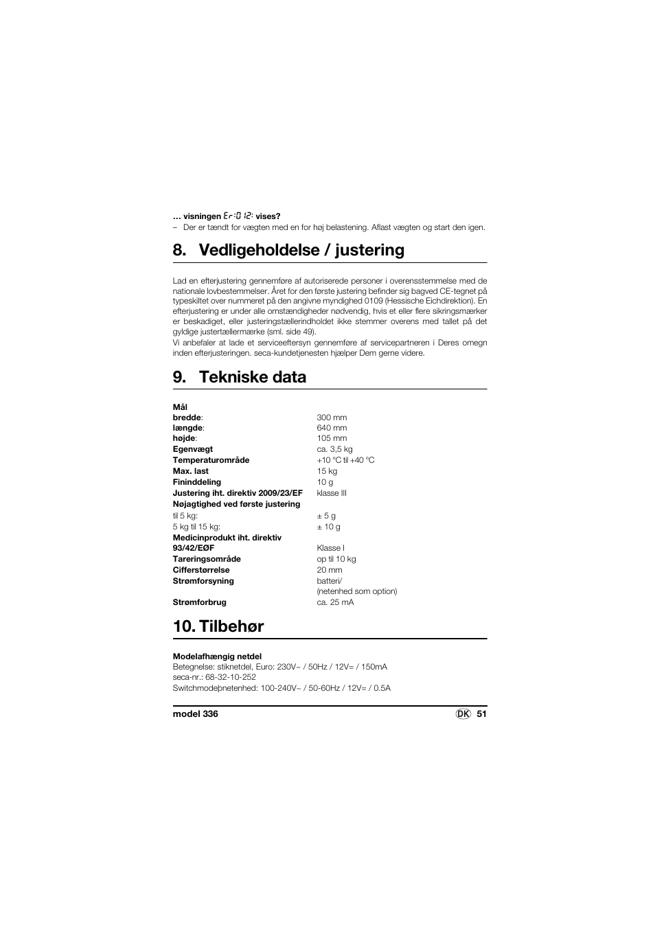 Vedligeholdelse / justering, Tekniske data, Tilbehør | Seca 336 User Manual | Page 51 / 115