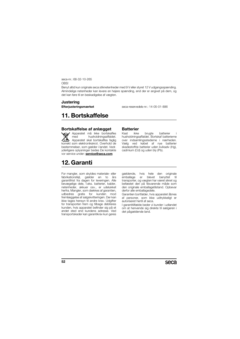 Justering, Bortskaffelse, Bortskaffelse af anlægget | Batterier, Garanti | Seca 336 User Manual | Page 52 / 115