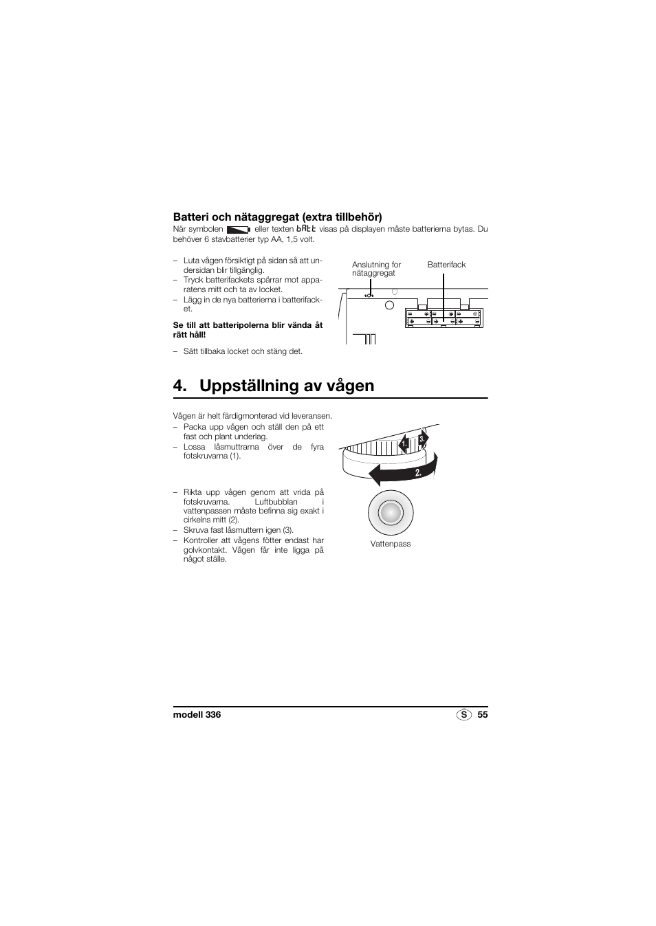 Batteri och nätaggregat (extra tillbehör), Uppställning av vågen | Seca 336 User Manual | Page 55 / 115