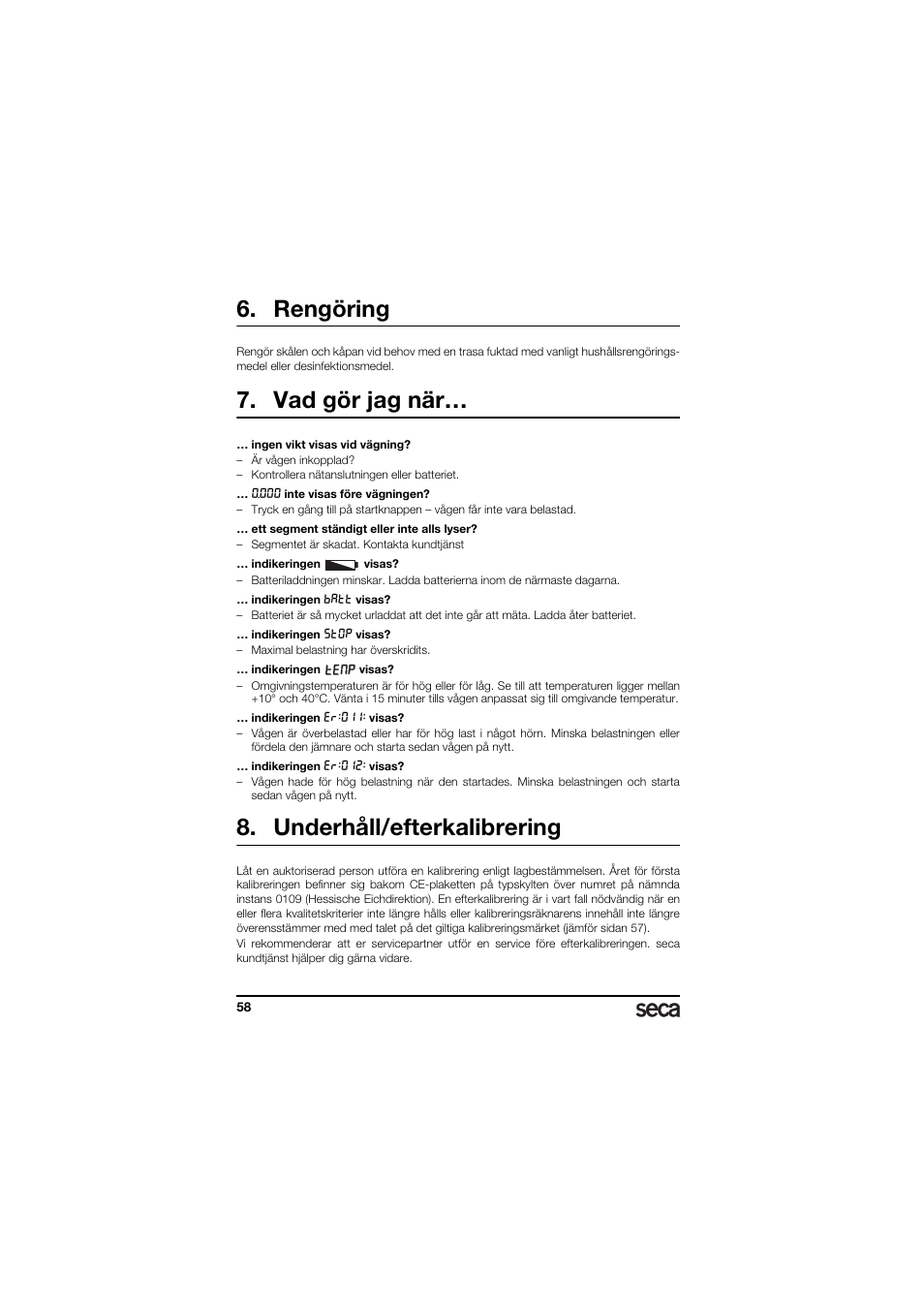 Rengöring, Vad gör jag när, Underhåll/efterkalibrering | Seca 336 User Manual | Page 58 / 115