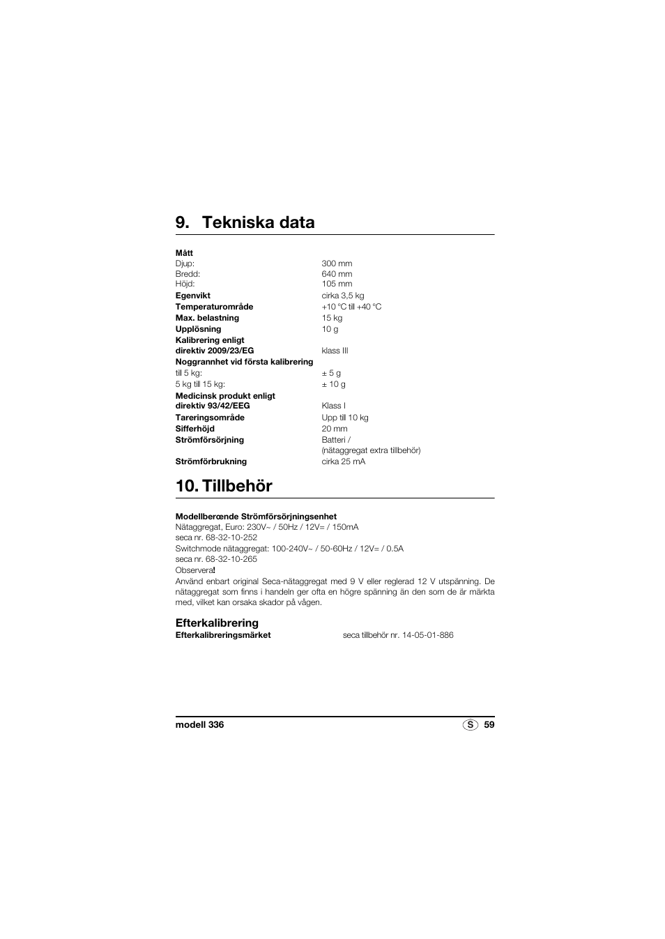 Tekniska data, Tillbehör, Efterkalibrering | Seca 336 User Manual | Page 59 / 115