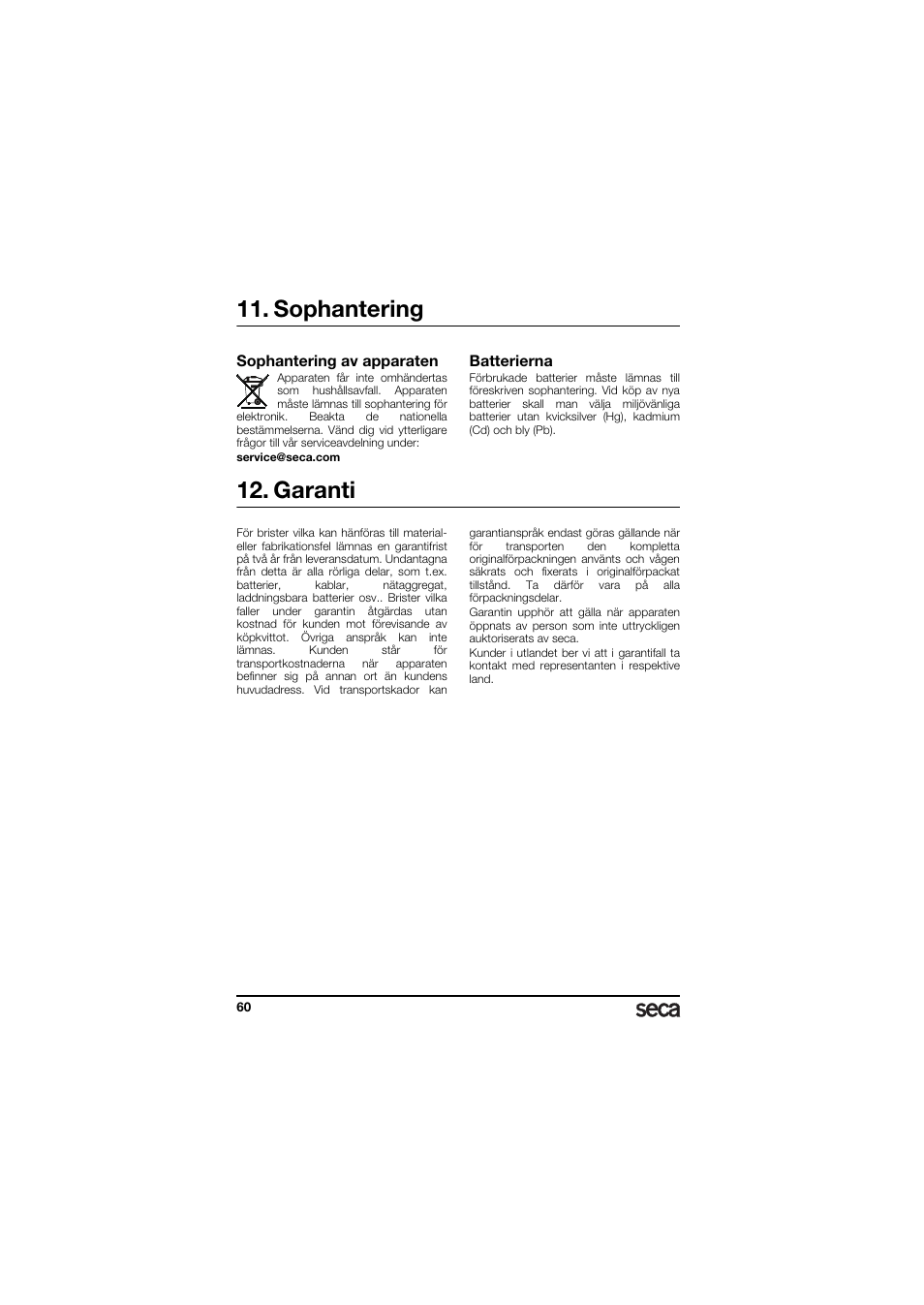 Sophantering, Sophantering av apparaten, Batterierna | Garanti | Seca 336 User Manual | Page 60 / 115