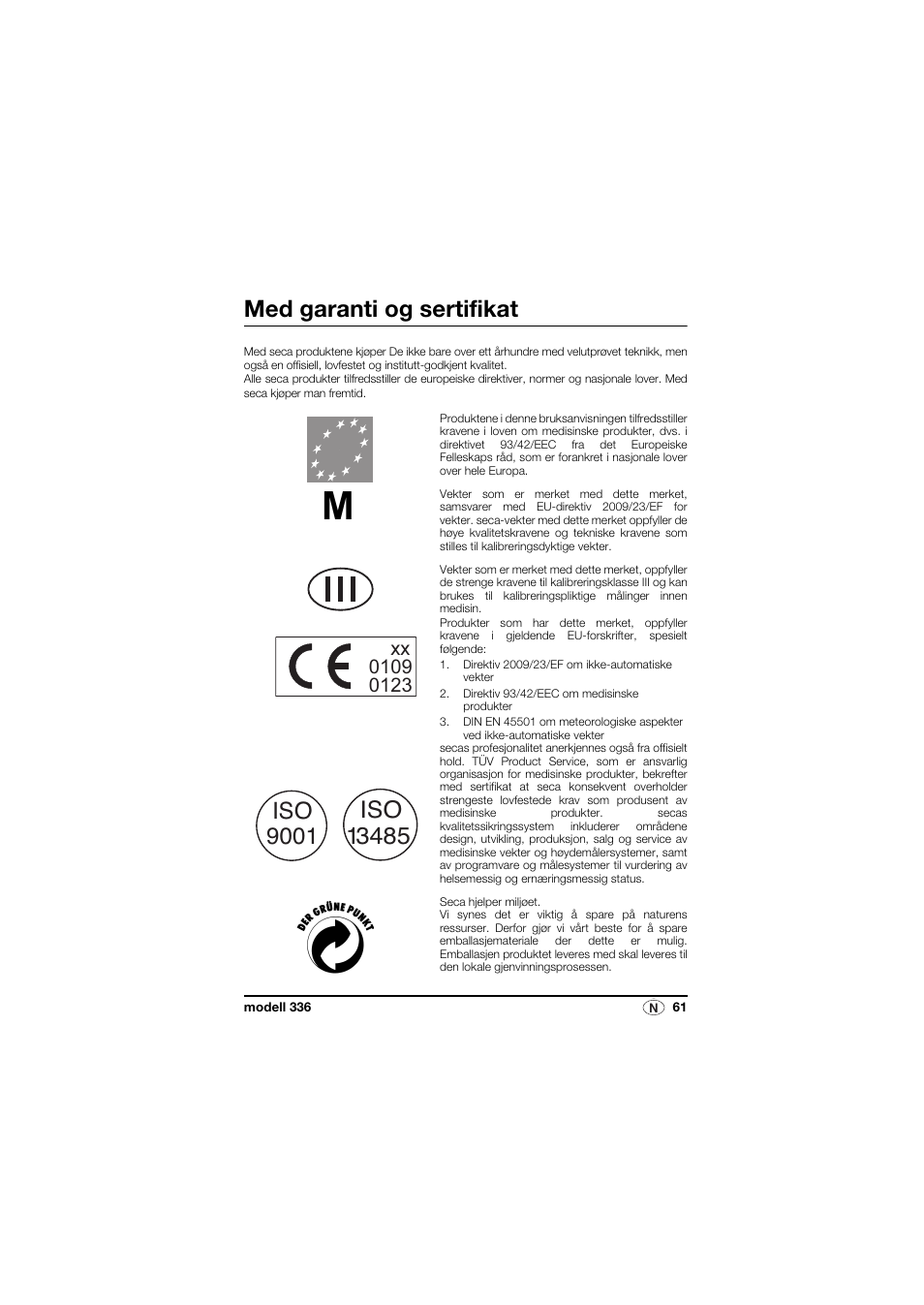 Norsk, Med garanti og sertifikat | Seca 336 User Manual | Page 61 / 115