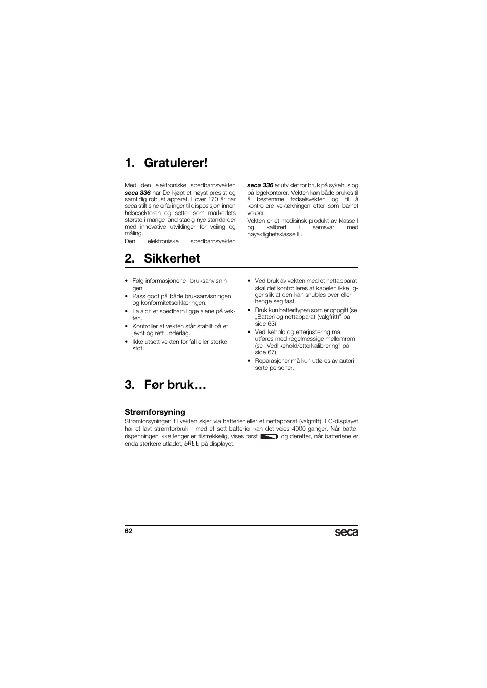 Gratulerer, Sikkerhet, Før bruk | Strømforsyning | Seca 336 User Manual | Page 62 / 115