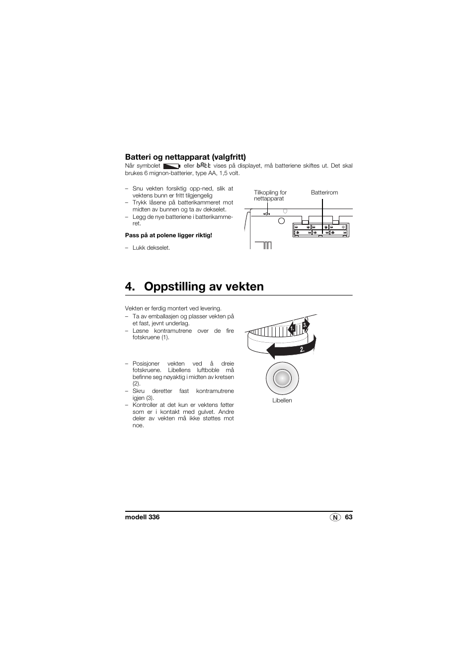 Batteri og nettapparat (valgfritt), Oppstilling av vekten | Seca 336 User Manual | Page 63 / 115