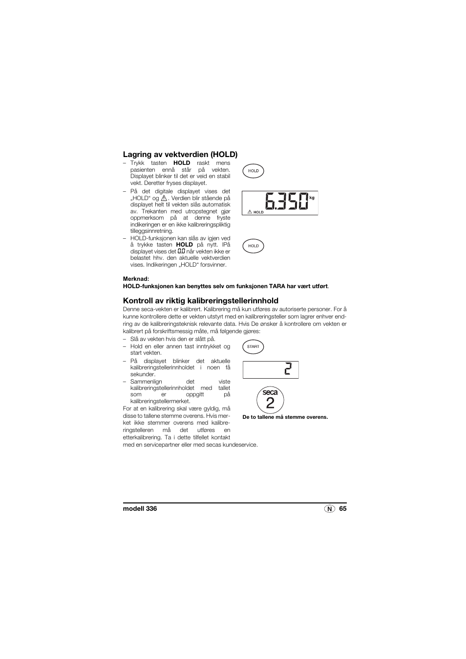 Lagring av vektverdien (hold), Kontroll av riktig kalibreringstellerinnhold | Seca 336 User Manual | Page 65 / 115