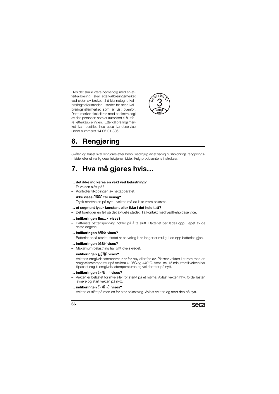 Rengjøring, Hva må gjøres hvis | Seca 336 User Manual | Page 66 / 115