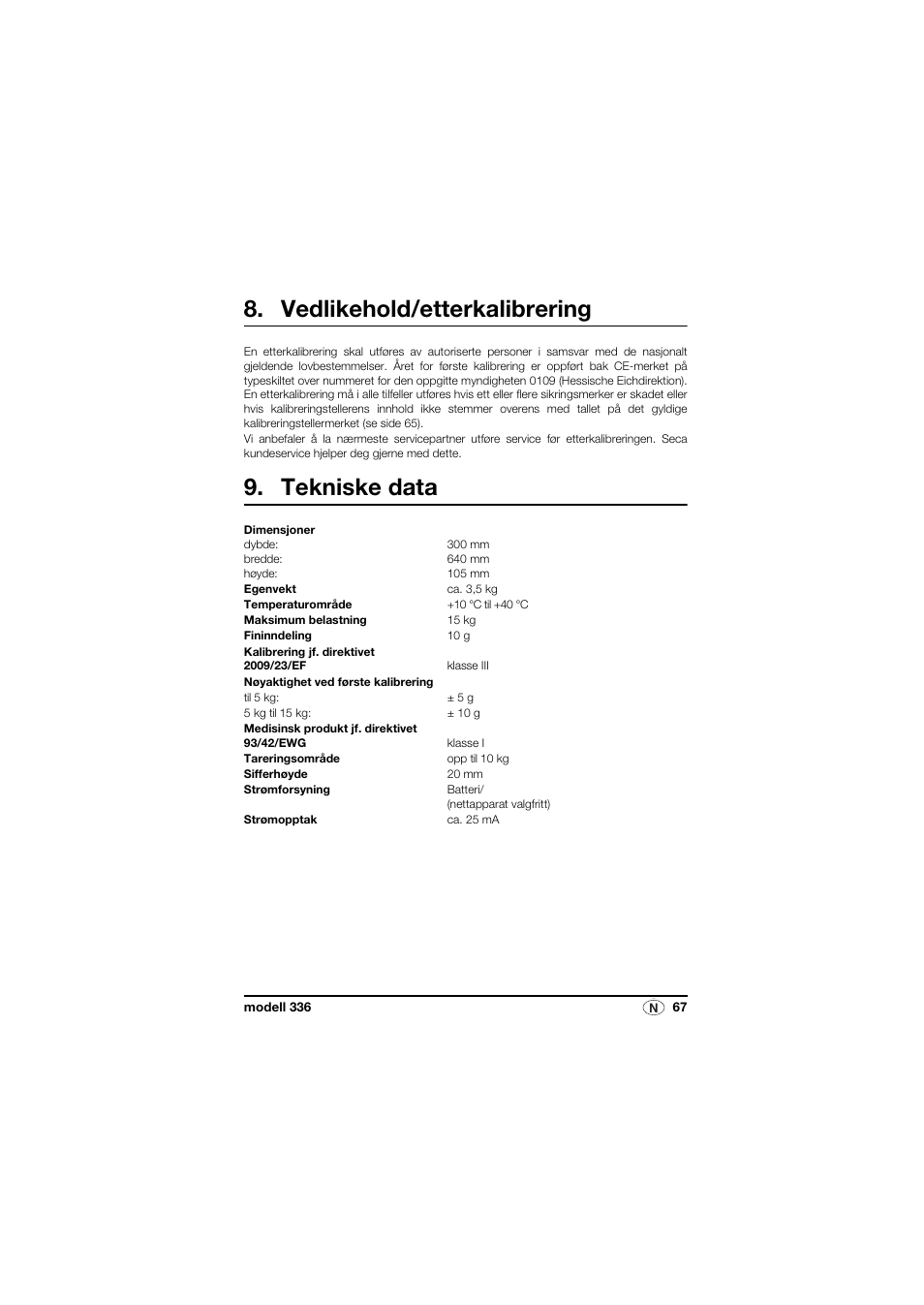Vedlikehold/etterkalibrering, Tekniske data | Seca 336 User Manual | Page 67 / 115