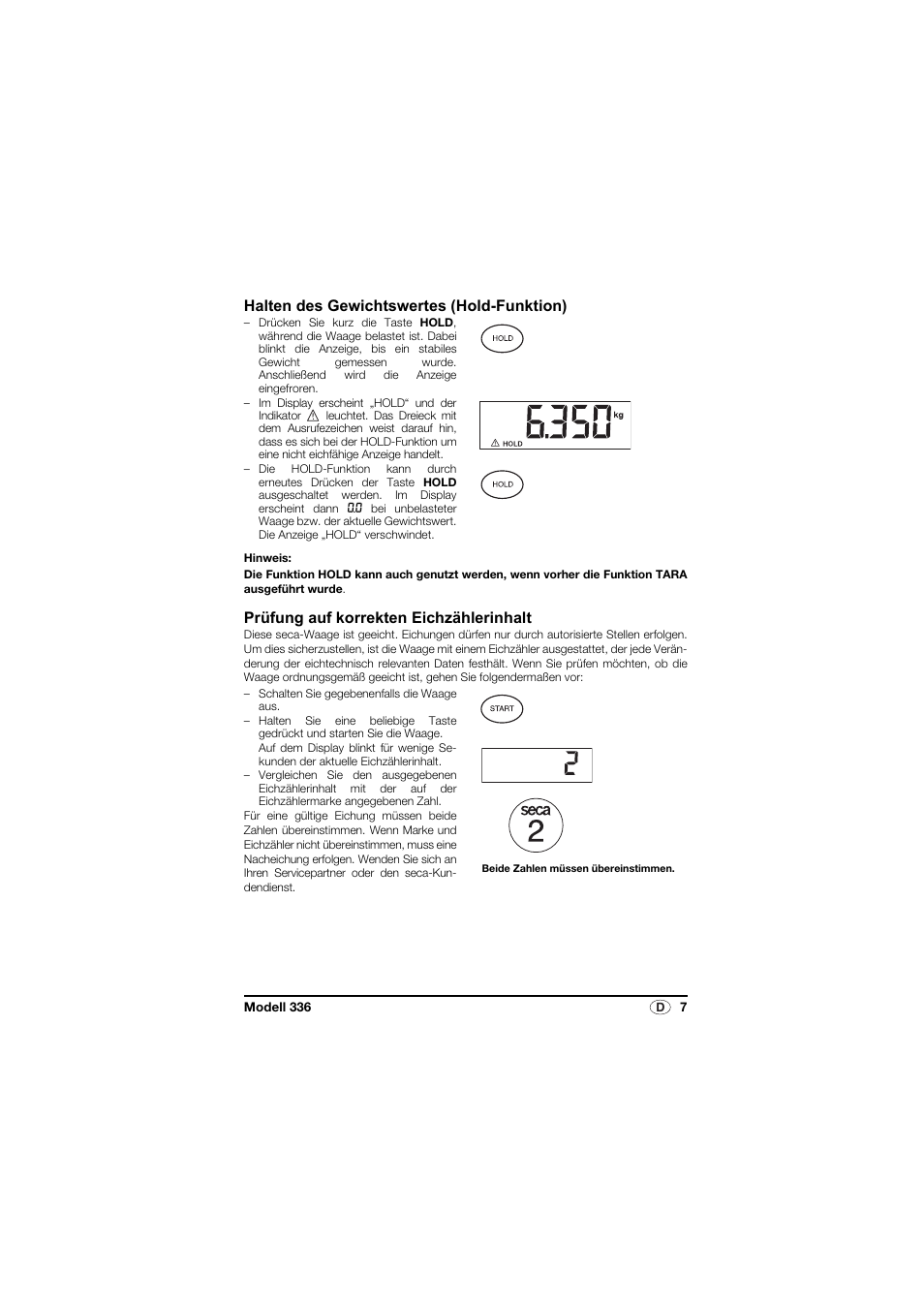 Halten des gewichtswertes (hold-funktion), Prüfung auf korrekten eichzählerinhalt | Seca 336 User Manual | Page 7 / 115