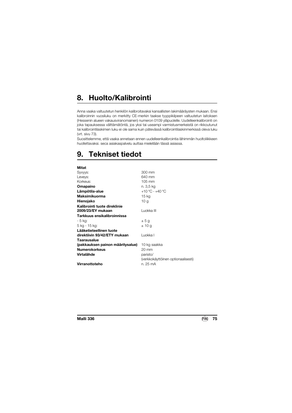 Huolto/kalibrointi, Tekniset tiedot | Seca 336 User Manual | Page 75 / 115