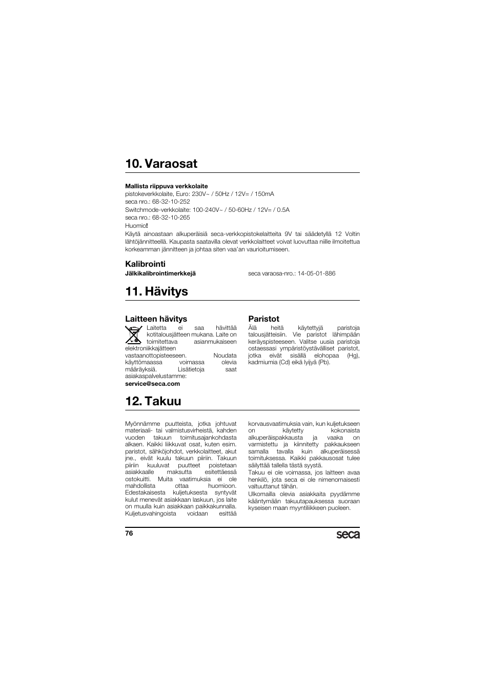 Varaosat, Kalibrointi, Hävitys | Laitteen hävitys, Paristot, Takuu | Seca 336 User Manual | Page 76 / 115