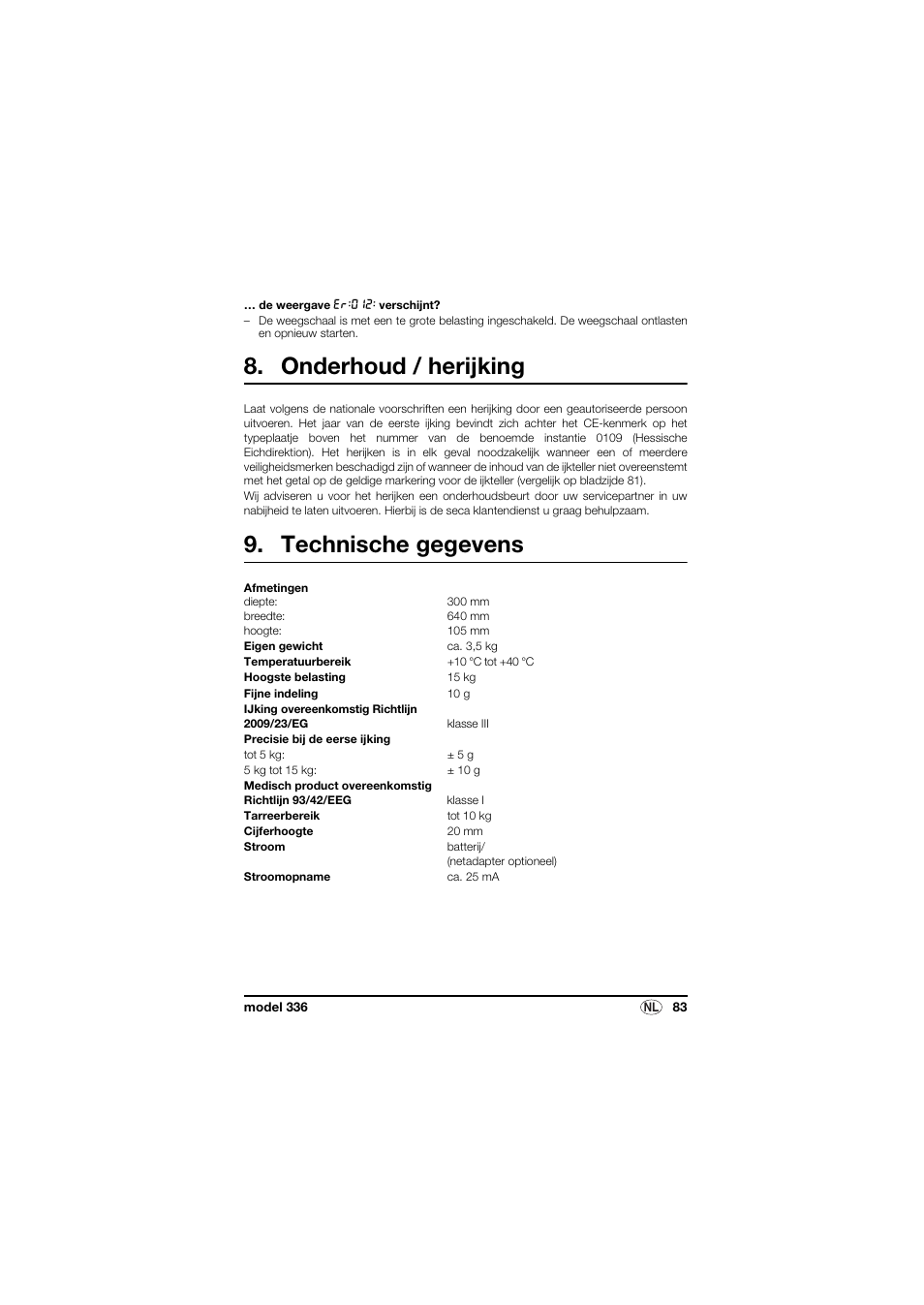 Onderhoud / herijking, Technische gegevens | Seca 336 User Manual | Page 83 / 115