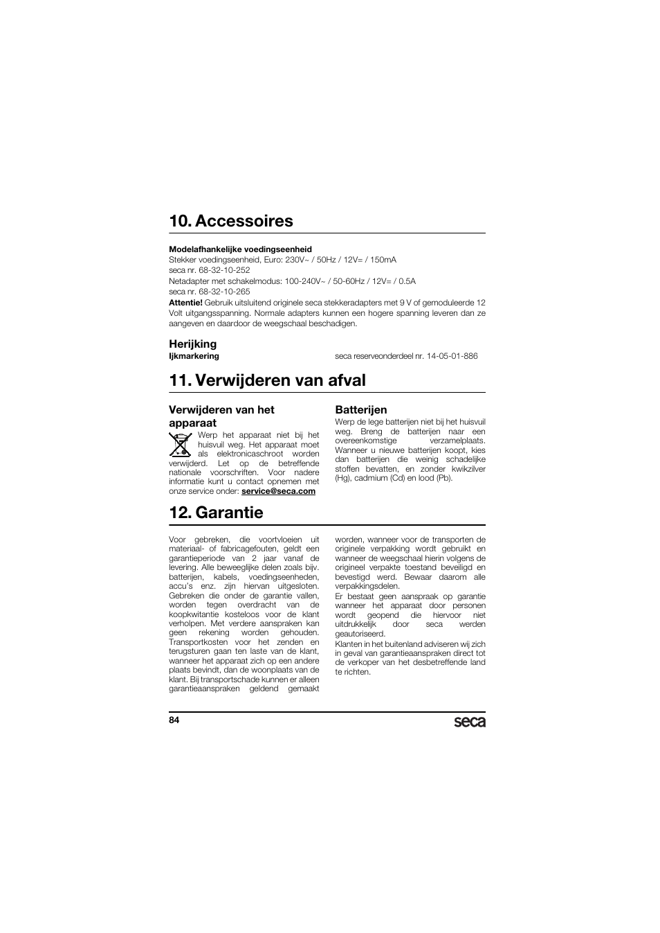 Accessoires, Herijking, Verwijderen van afval | Verwijderen van het apparaat, Batterijen, Garantie | Seca 336 User Manual | Page 84 / 115