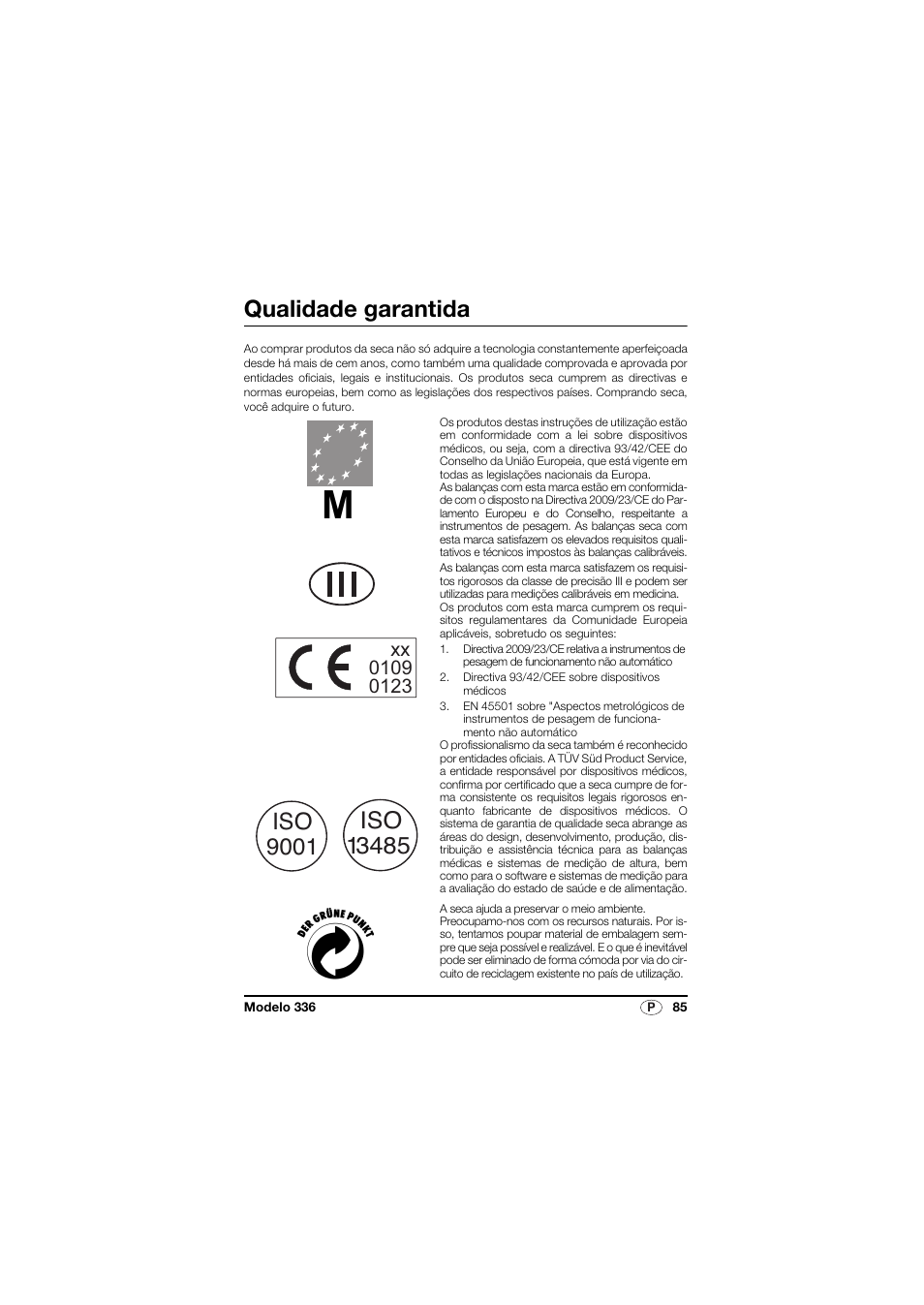 Português, Qualidade garantida | Seca 336 User Manual | Page 85 / 115