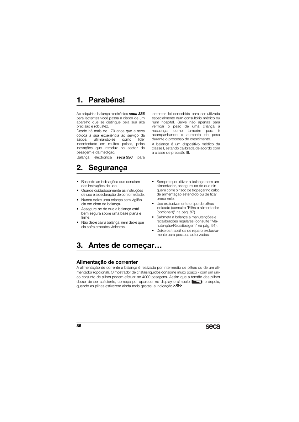 Parabéns, Segurança, Antes de começar | Alimentação de correnter | Seca 336 User Manual | Page 86 / 115