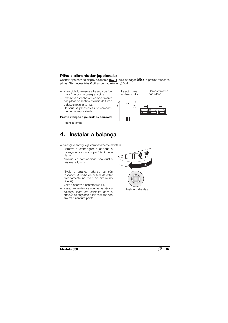 Pilha e alimentador (opcionais), Instalar a balança | Seca 336 User Manual | Page 87 / 115
