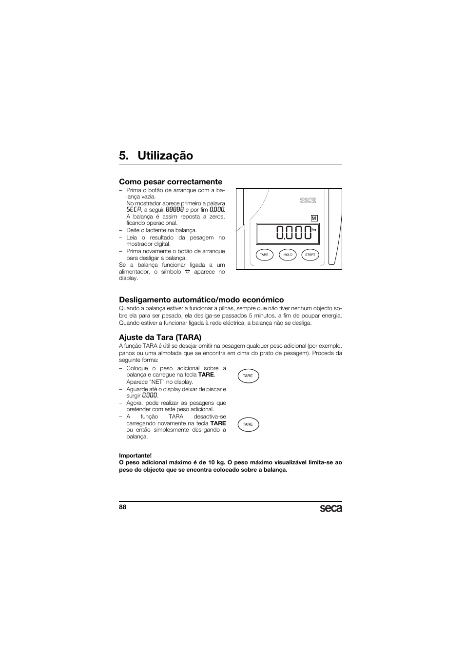 Utilização, Como pesar correctamente, Desligamento automático/modo económico | Ajuste da tara (tara) | Seca 336 User Manual | Page 88 / 115