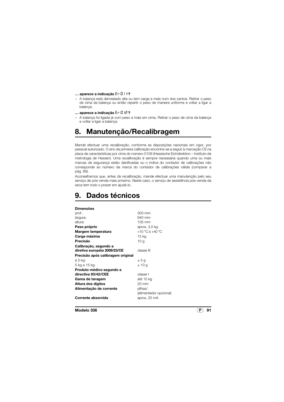 Manutenção/recalibragem, Dados técnicos | Seca 336 User Manual | Page 91 / 115