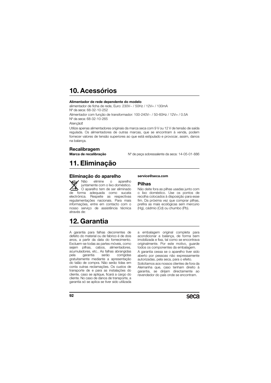 Acessórios, Recalibragem, Eliminação | Eliminação do aparelho, Pilhas, Garantia | Seca 336 User Manual | Page 92 / 115