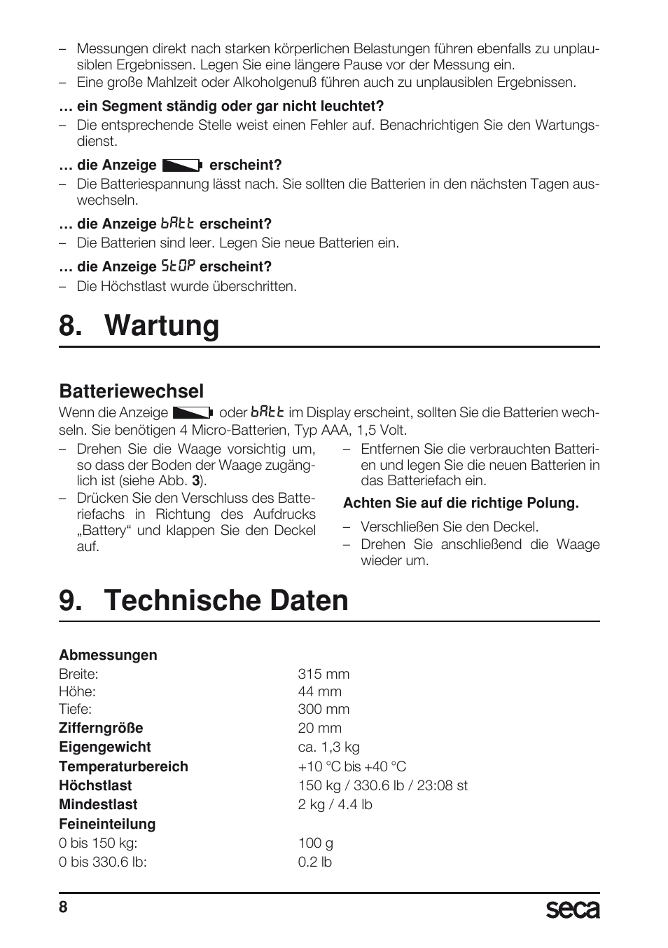 Wartung, Batteriewechsel, Technische daten | Seca 804 User Manual | Page 10 / 166