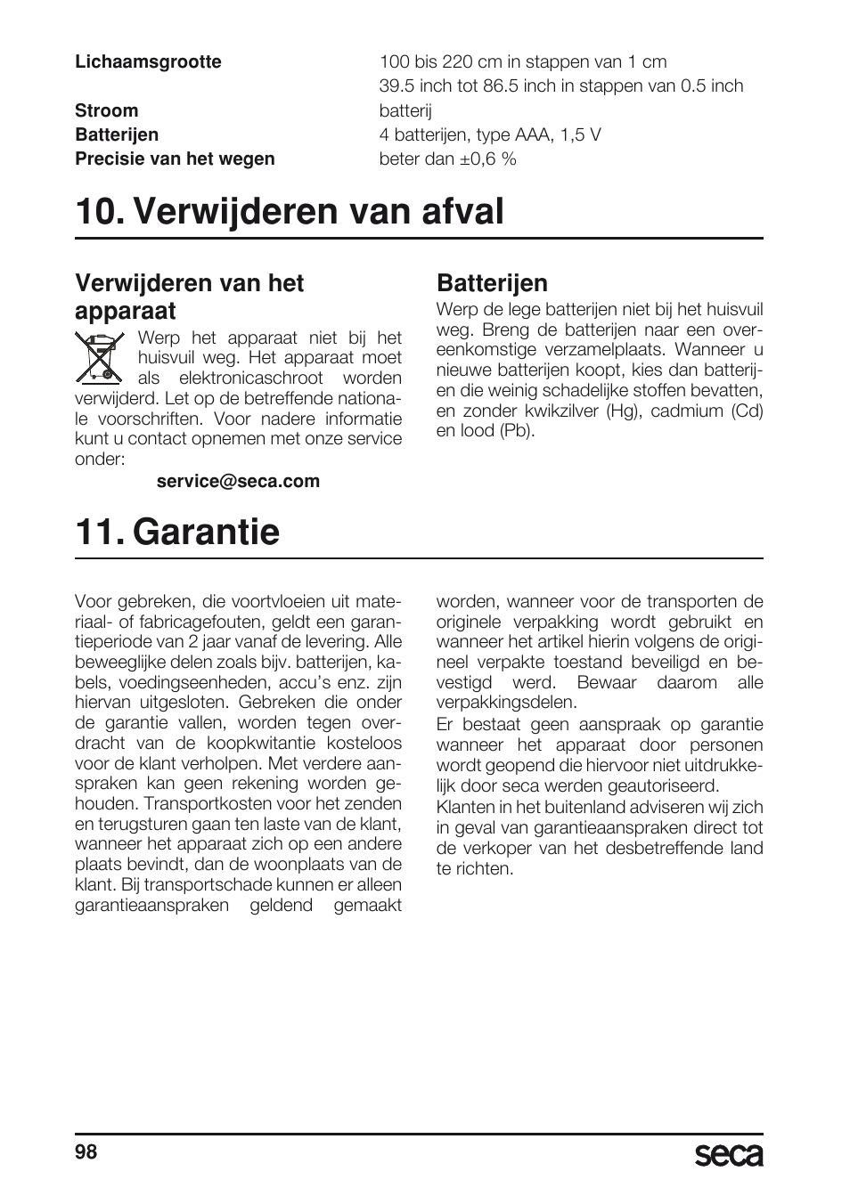 Verwijderen van afval, Batterijen, Garantie | Verwijderen van het apparaat | Seca 804 User Manual | Page 100 / 166