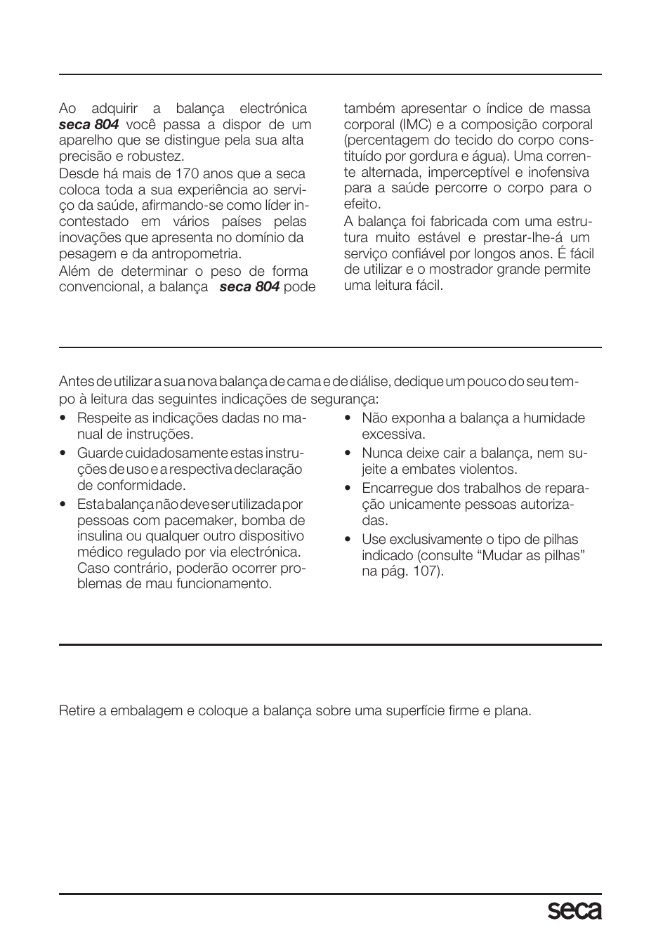 Português, Parabéns, Segurança | Antes de começar, Desembalar | Seca 804 User Manual | Page 102 / 166