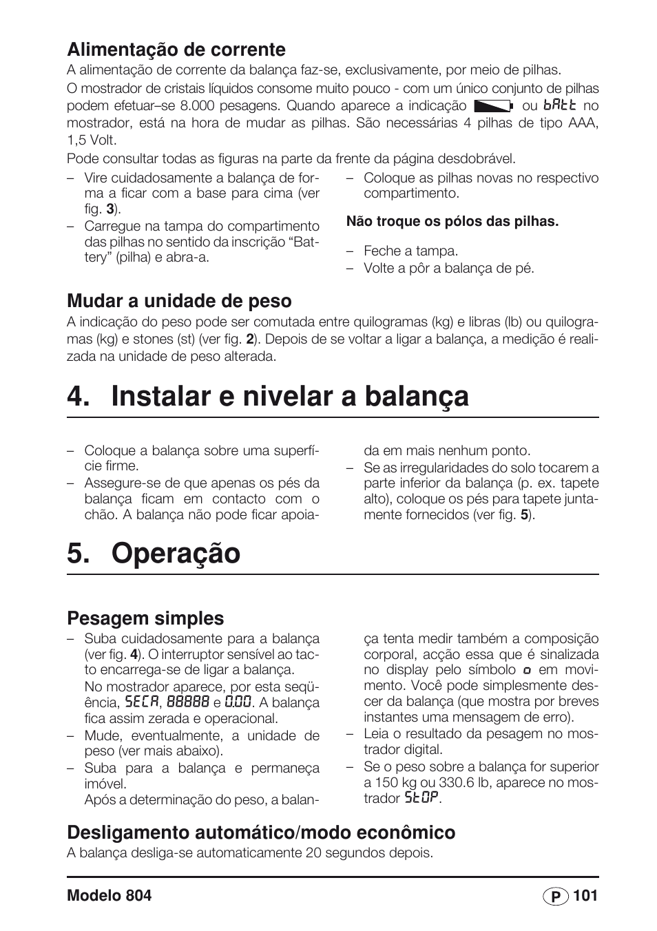 Mudar a unidade de peso, Instalar e nivelar a balança, Operação | Pesagem simples, Desligamento automático/modo econômico, Alimentação de corrente | Seca 804 User Manual | Page 103 / 166