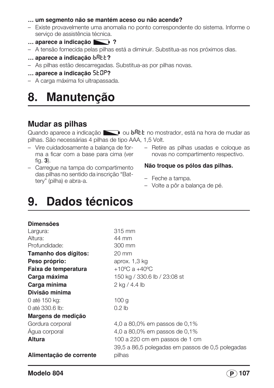 Manutenção, Mudar as pilhas, Dados técnicos | Seca 804 User Manual | Page 109 / 166