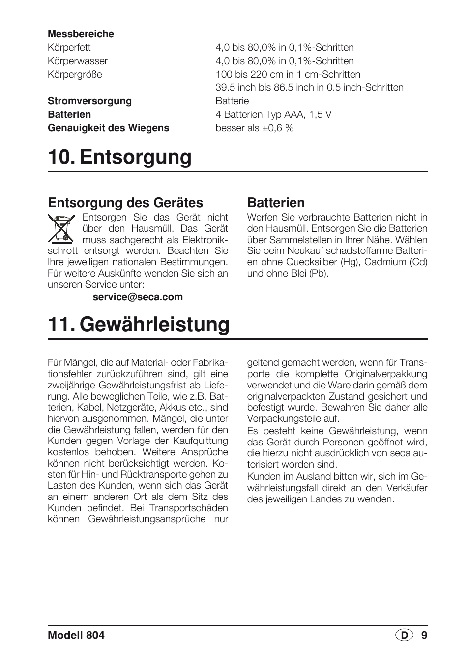 Entsorgung, Entsorgung des gerätes, Batterien | Gewährleistung | Seca 804 User Manual | Page 11 / 166